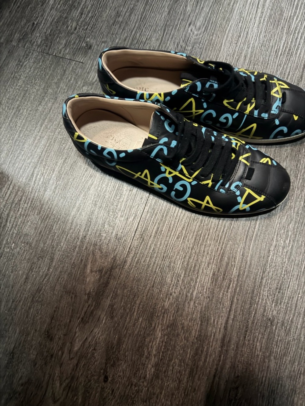 Gucci Black Sneakers with Yellow and Light Blue Graffiti